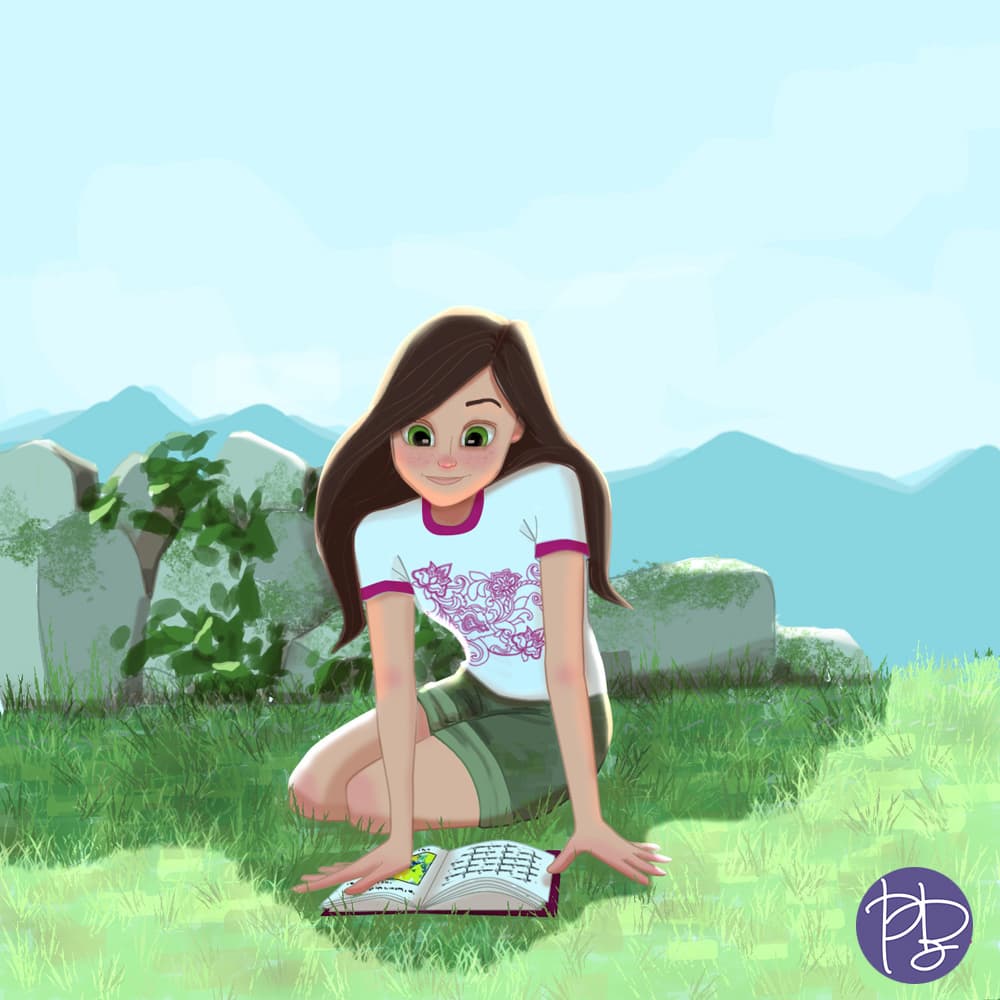 Ariana reading under the interior daylight
